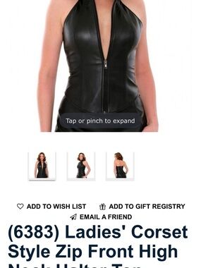 Black Leather Zip-Front High Neck Halter Corset Top
